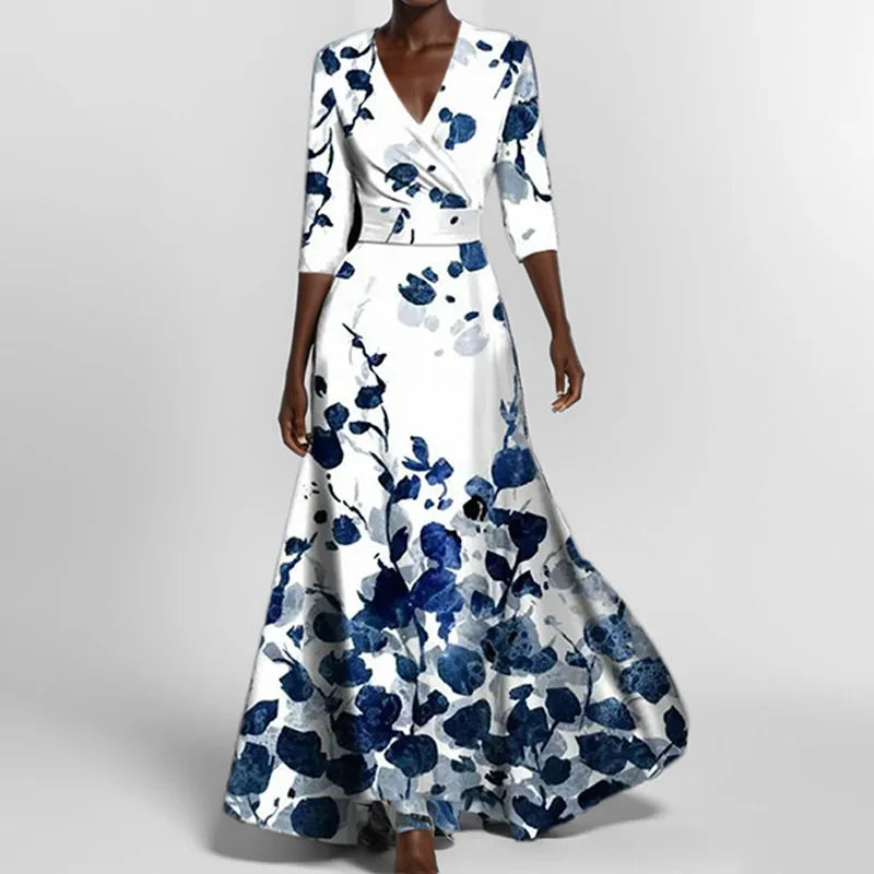 Spring Summer Women Fashion V Neck Belted Party Long Dress Sexy Printing  Boho Maxi Dresses Short Sleeve Pocket Femlae Holiday
