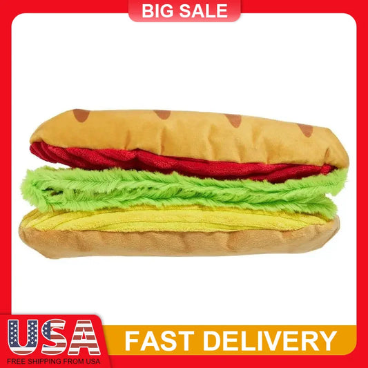 Big Bite Hoagie Sandwich Dog Toy with Squeaker Crinkle Layers Unfolds 3 Feet Interactive Fetch Chew Toy for Puppies All Sizes