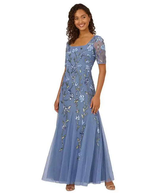 Women's Square-Neck Beaded Mesh Gown