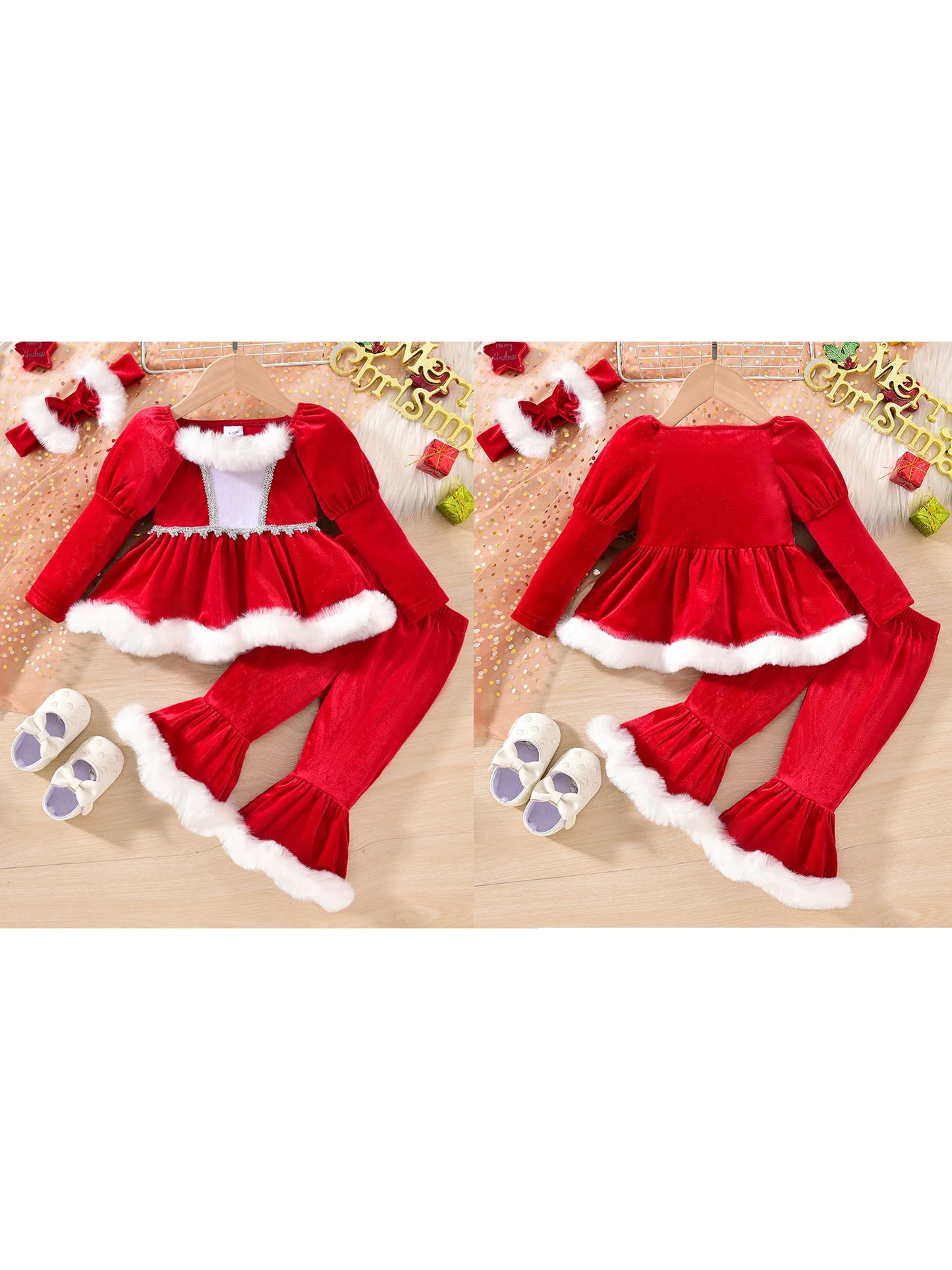 3Pcs Christmas Toddler Girl Outfit Long Sleeve Square Neck Plush Trim Tops with Elastic Waist Flare Pants Headband