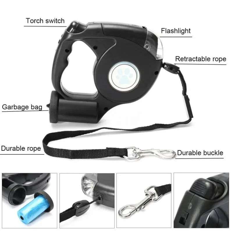 Pet Leash, Dog Automatic Retractable Leash with Light, Three-in-one Automatic Leash Outdoor Dog Walking Leash