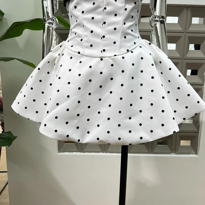 KBQ Hit Color Spliced Bowknot Elegant Mini Dresses for Women Strapless Sleeveless Patchwork Dot Print Dress Female Clothing New