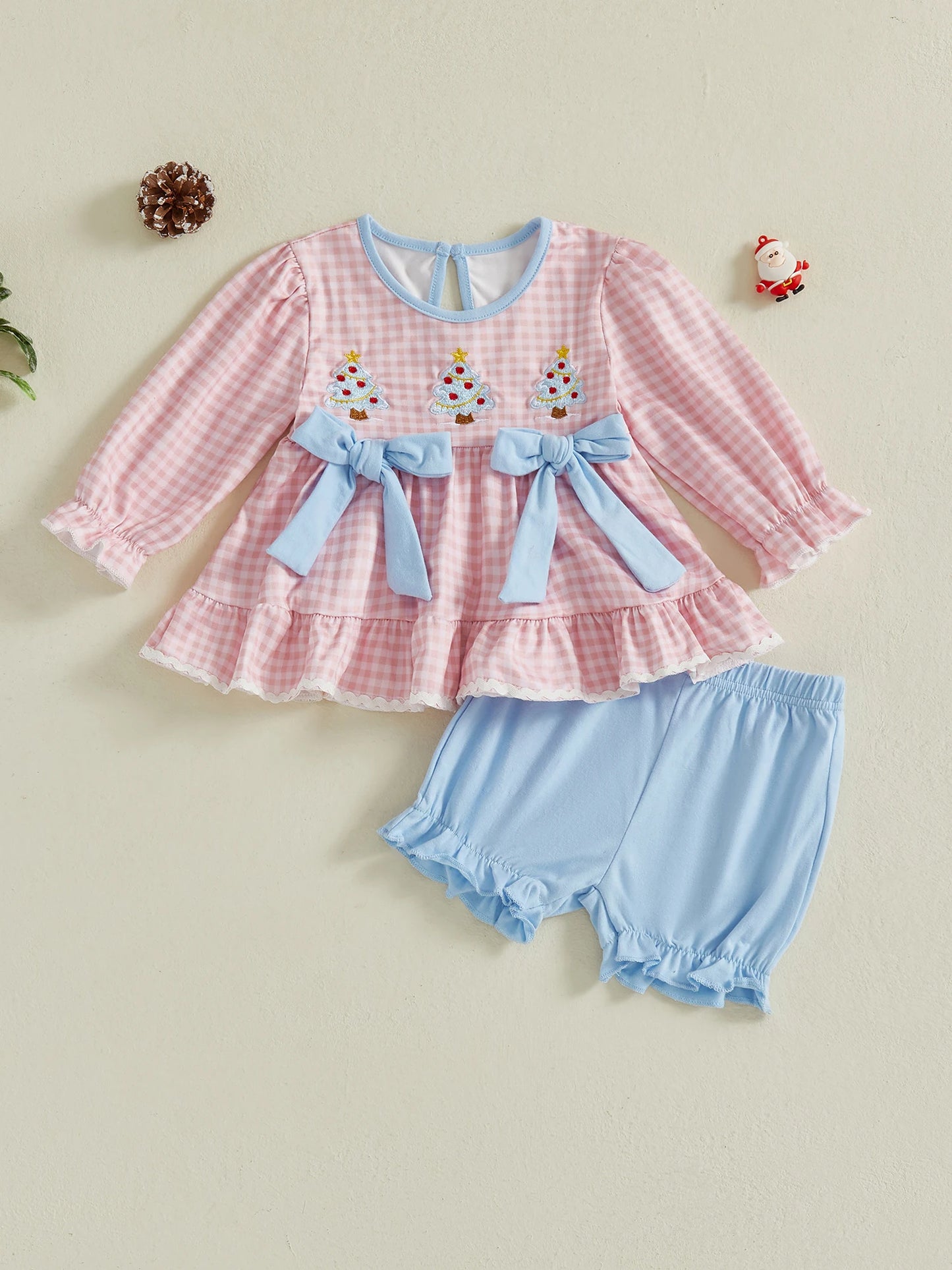 2Pcs Baby Girl Christmas Outfits Long Sleeve Plaid Print Tops Shorts Set Newborn Clothes