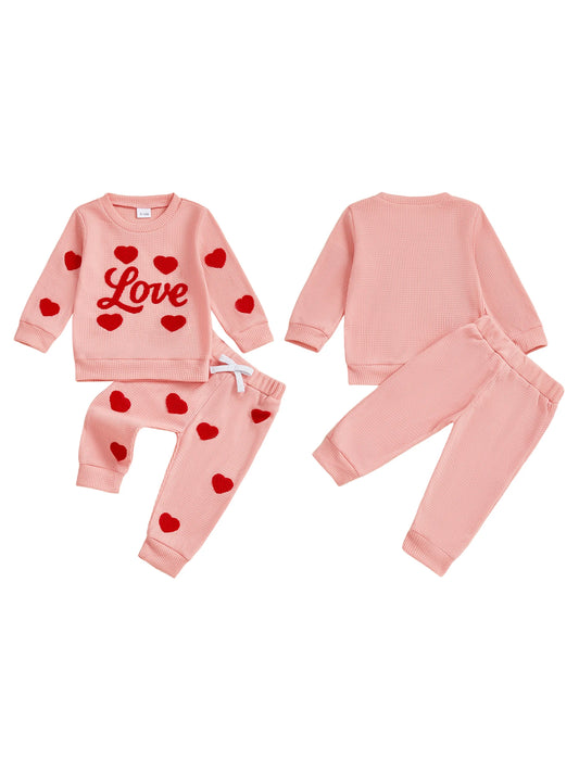 Girls Valentine s Day Outfit Set Long Sleeve Heart Print Top and Drawstring Pants 2 Piece Matching Clothes for Kids