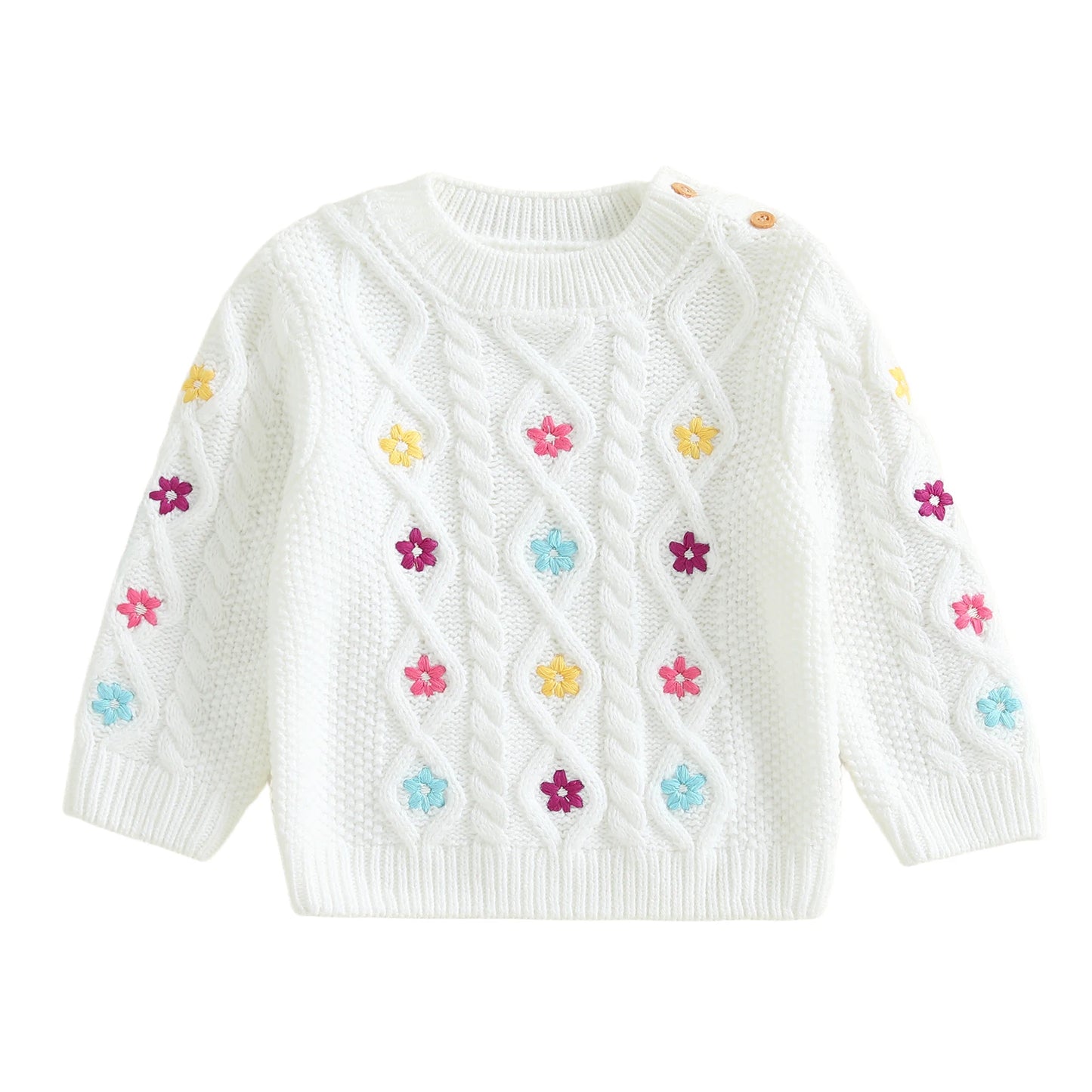 Infant Girls Floral Embroidered Knit Sweater with Crew Neck Jacquard Design and Long Sleeves - Adorable Pullover Top
