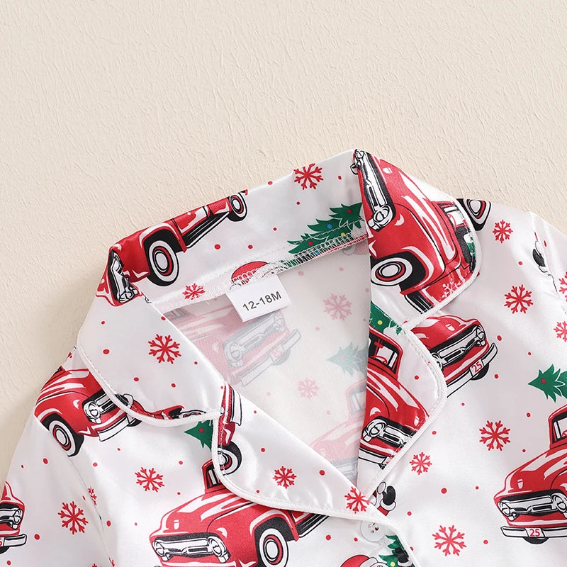 Children s Girls Christmas Pajama Set with Festive Santa Claus Design Long Sleeve Button-Up Shirt and Elastic Waist Pants for