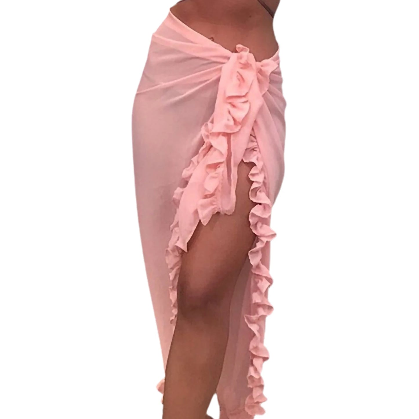 Women s Sunscreen Half Dress Ruffle Solid Color See Through Summer Beach Holiday Long Half Dress