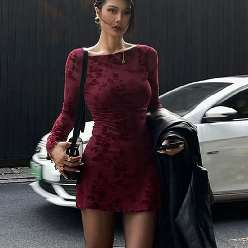 New Dresses Women Autumn O-Neck Sexy Wine Red Streetwear Fashion Print Long Sleeves Dresses Lady Knitted Pullover Clothing Dress