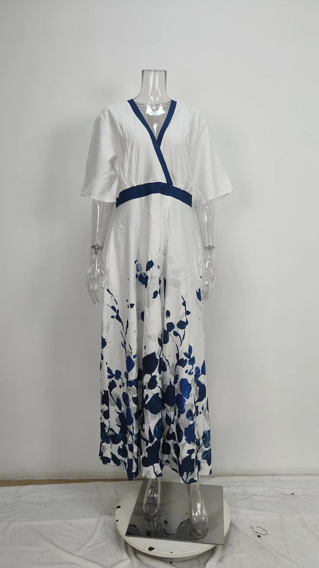 Spring Summer Women Fashion V Neck Belted Party Long Dress Sexy Printing  Boho Maxi Dresses Short Sleeve Pocket Femlae Holiday