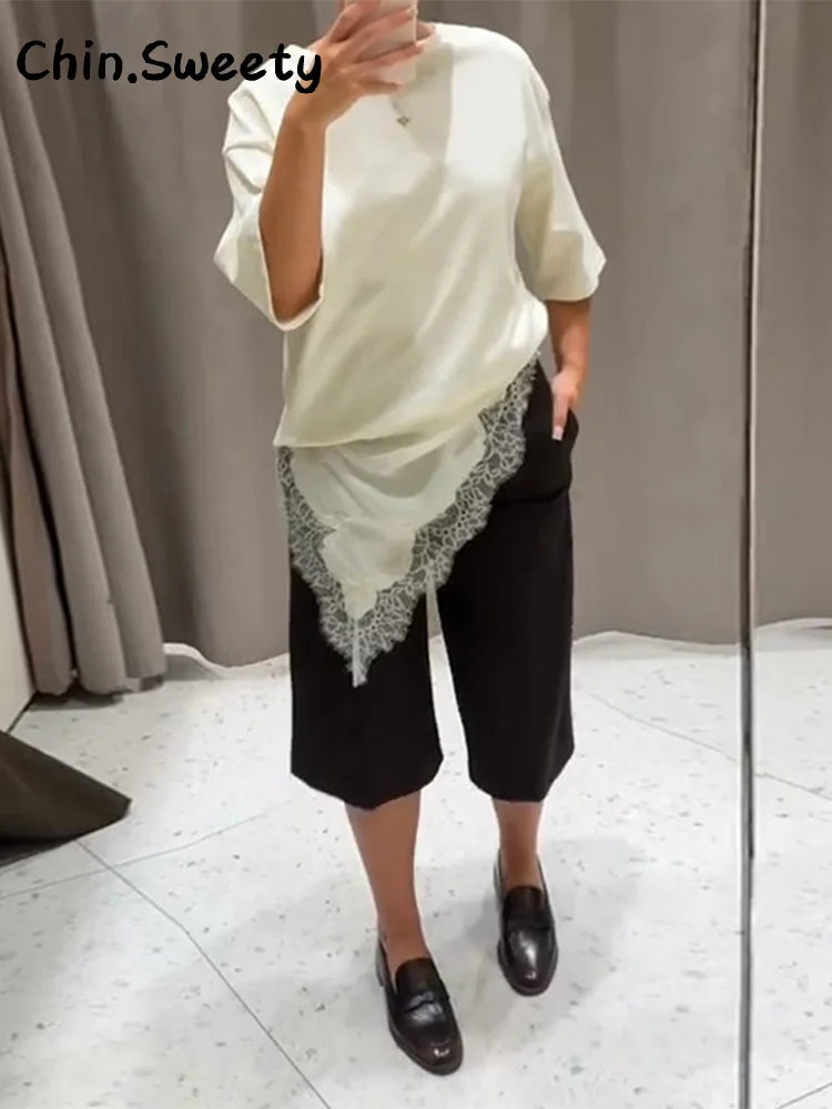 Elegant Satin Asymmetric Lace Patchwork Long Dress Women Solid V-neck Sleeveless Sling Dresses 2025 Autumn Lady High Street Robe