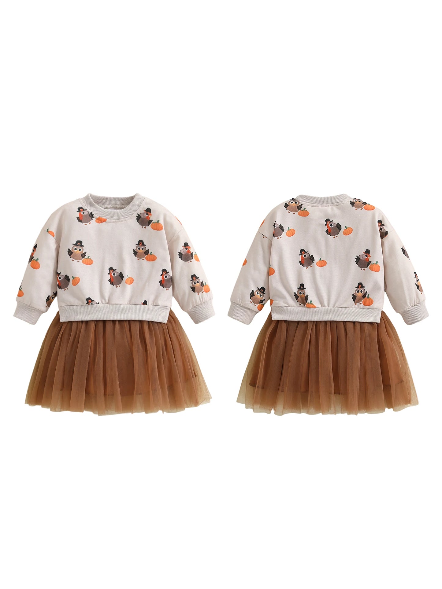 Toddler Girl Thanksgiving Tutu Dress Turkey Pumpkin Print Faux Two-Piece Crew Neck Long Sleeve Sweater Dress with Tulle
