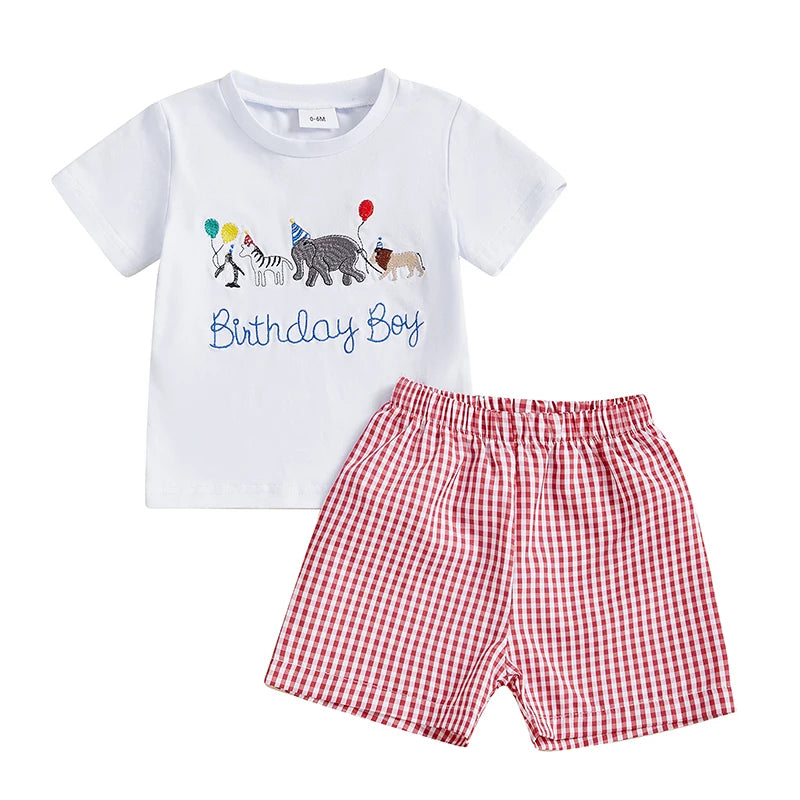 Baby Boy Birthday Outfit Set with Cute Animal Print Top and Stylish Plaid Shorts - Toddler 2 Piece Clothing Set