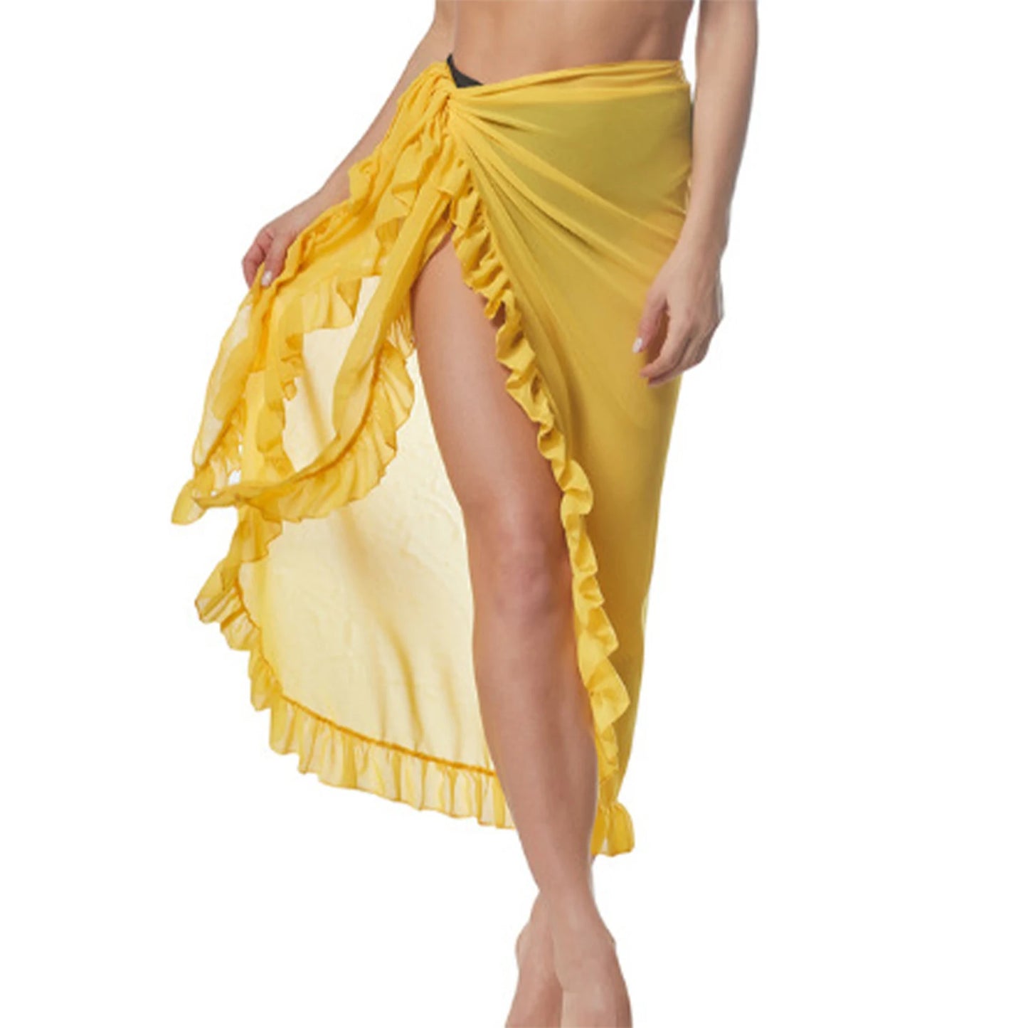 Women s Sunscreen Half Dress Ruffle Solid Color See Through Summer Beach Holiday Long Half Dress