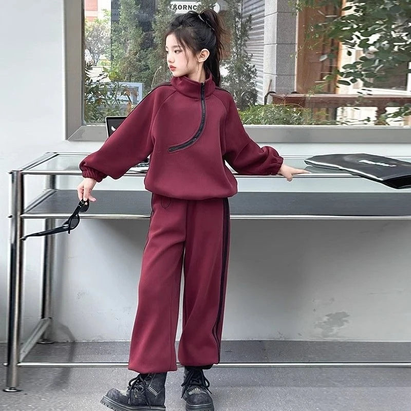 Top & Pants 2-Piece Set Fleece-lined Sweatshirt Girls Winter Clothing Girls' Autumn Clothes Korean Children's 2025 Wear Girl Two