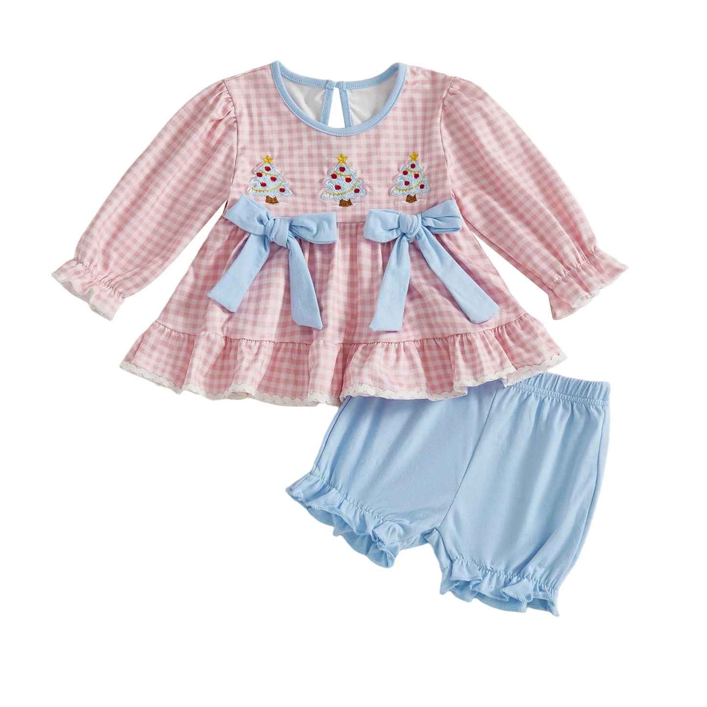 2Pcs Baby Girl Christmas Outfits Long Sleeve Plaid Print Tops Shorts Set Newborn Clothes