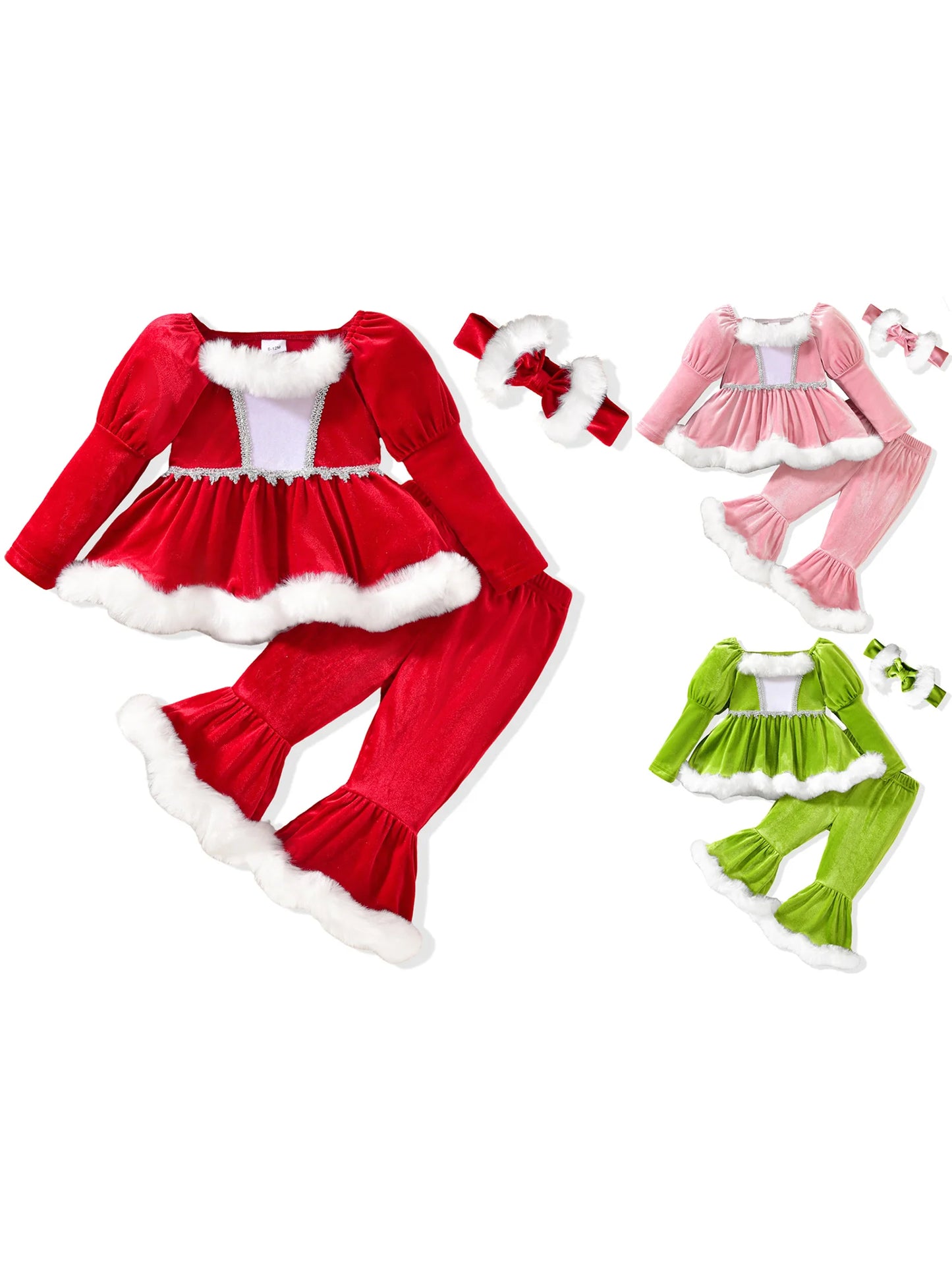 3Pcs Christmas Toddler Girl Outfit Long Sleeve Square Neck Plush Trim Tops with Elastic Waist Flare Pants Headband